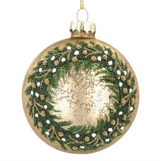 Antique Gold Bauble with Green Beaded Wreath
