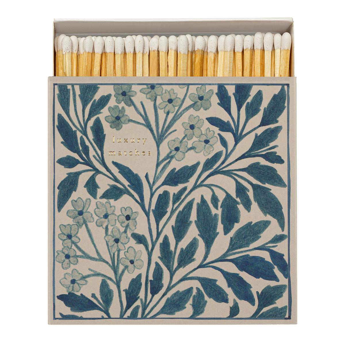 Box of matches with a navy floral design, and the words luxury matches printed in gold