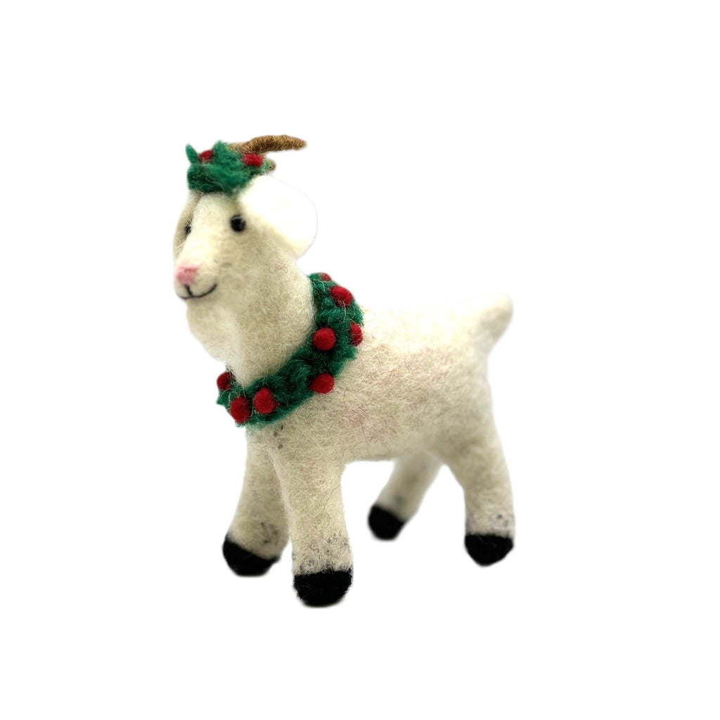 Christmas Felt Goat with Holly Wreath Decoration