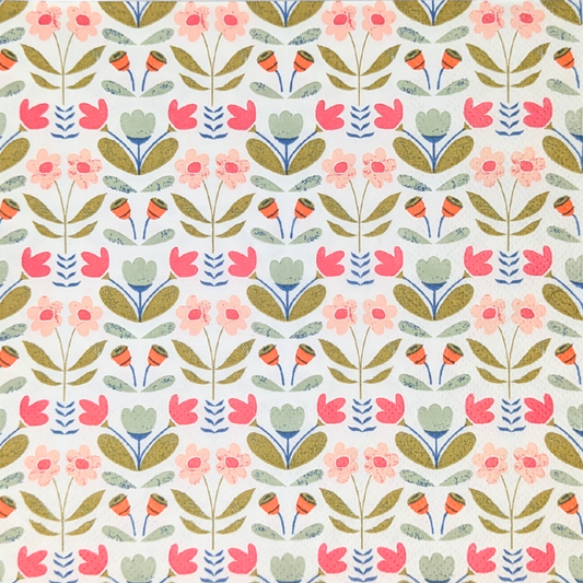 A repeating botanical pattern featuring pink flowers, muted green leaves, and small orange-and-blue accents on a white background.