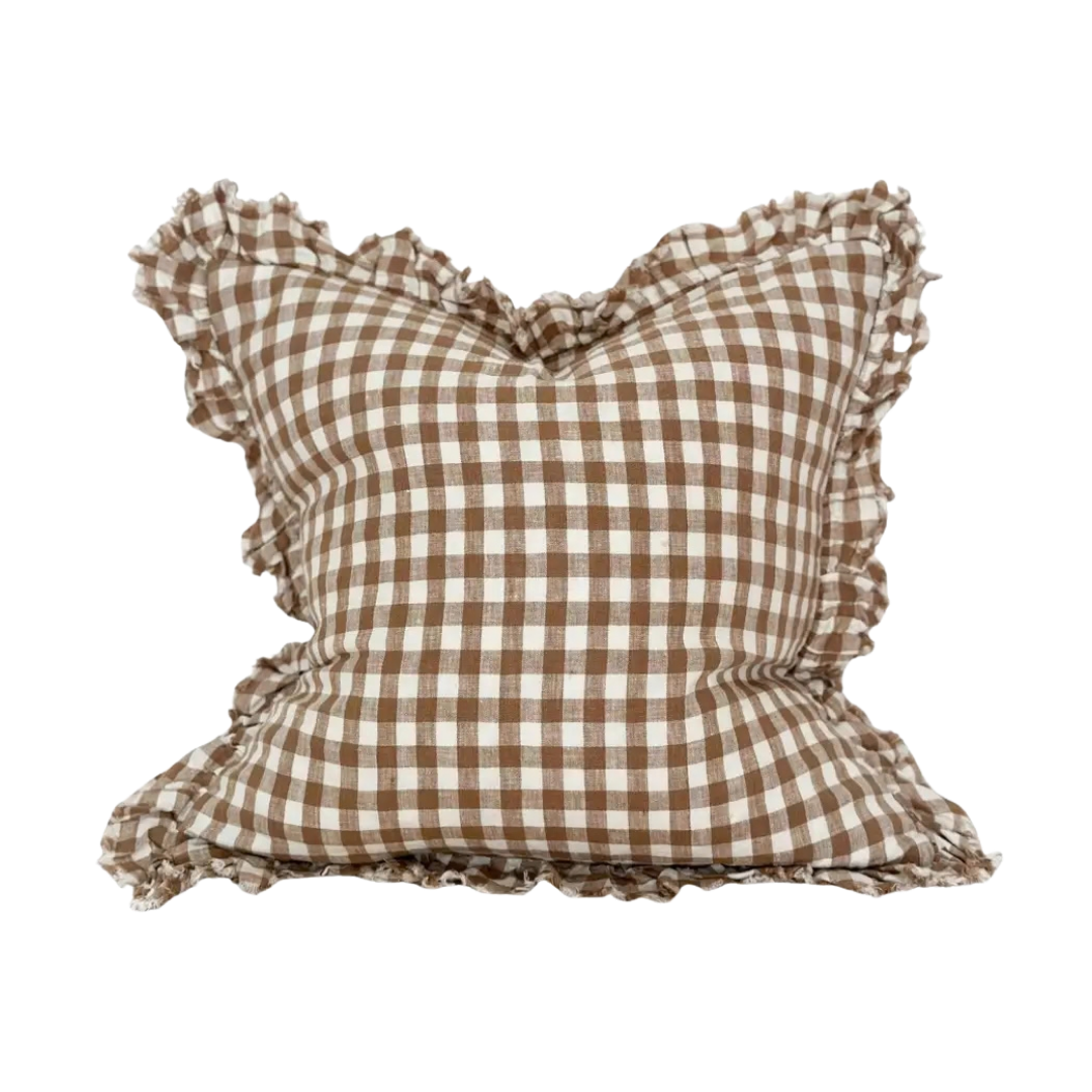 A square decorative cushion with a brown and cream gingham check pattern and ruffled edges, shown against a plain white background.