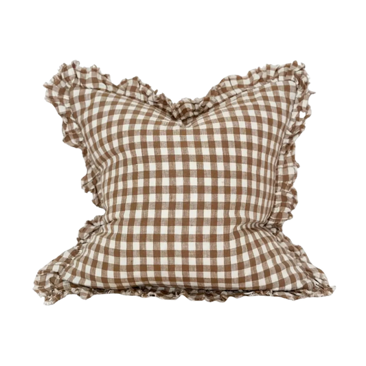 A square decorative cushion with a brown and cream gingham check pattern and ruffled edges, shown against a plain white background.