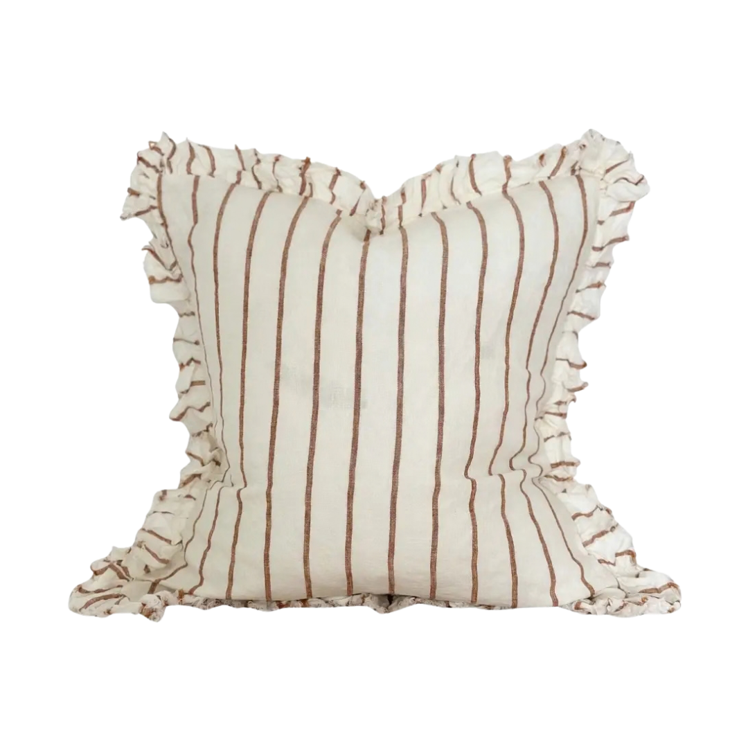 A square decorative cushion with vertical brown stripes on an off-white background, finished with ruffled trim on all sides, shown against a plain white background.