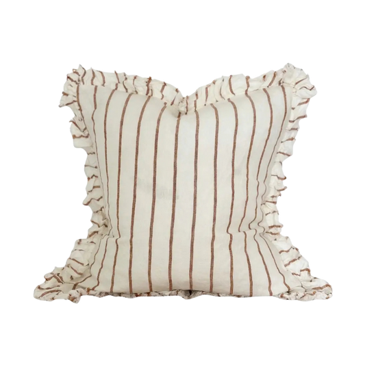 A square decorative cushion with vertical brown stripes on an off-white background, finished with ruffled trim on all sides, shown against a plain white background.