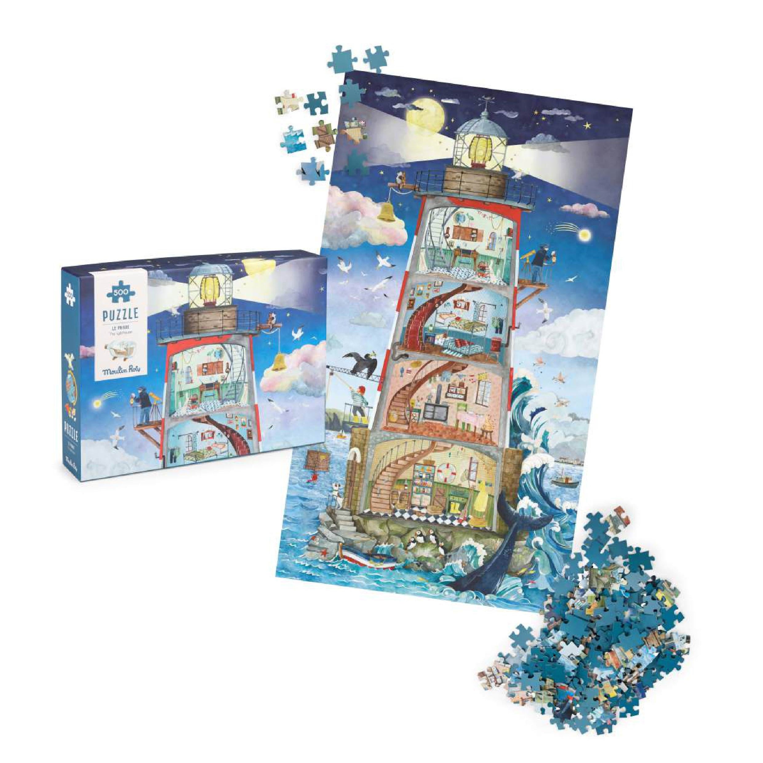 Puzzle with a lighthouse design, partially completed, next to its packaging on a white background.