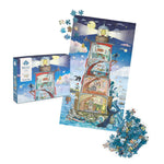 Load image into Gallery viewer, Puzzle with a lighthouse design, partially completed, next to its packaging on a white background.
