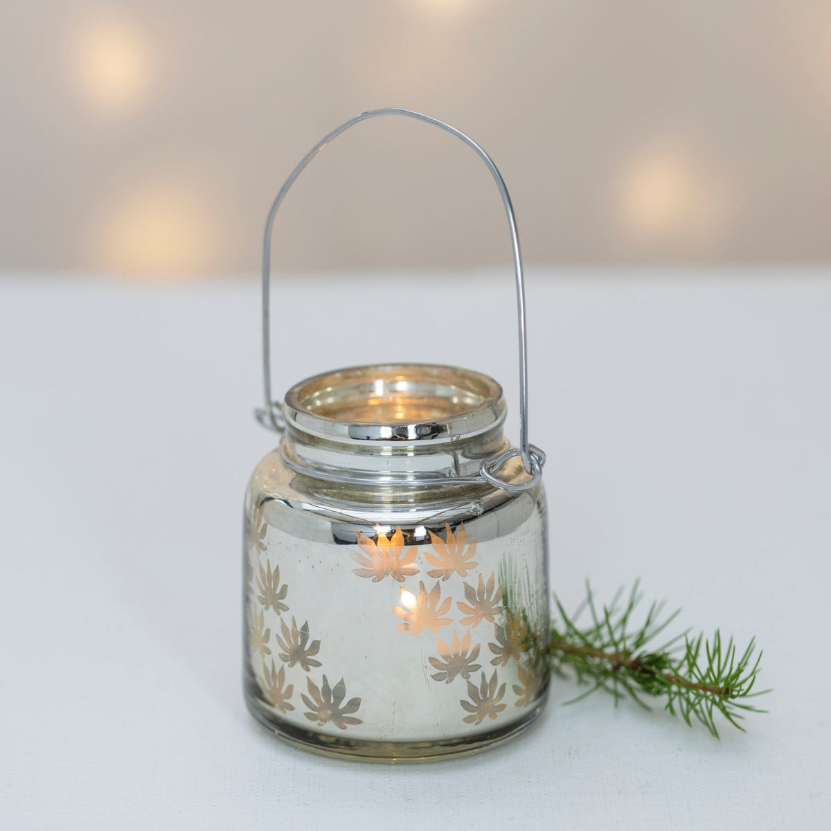 Antique Silver Etched T-Light Lantern