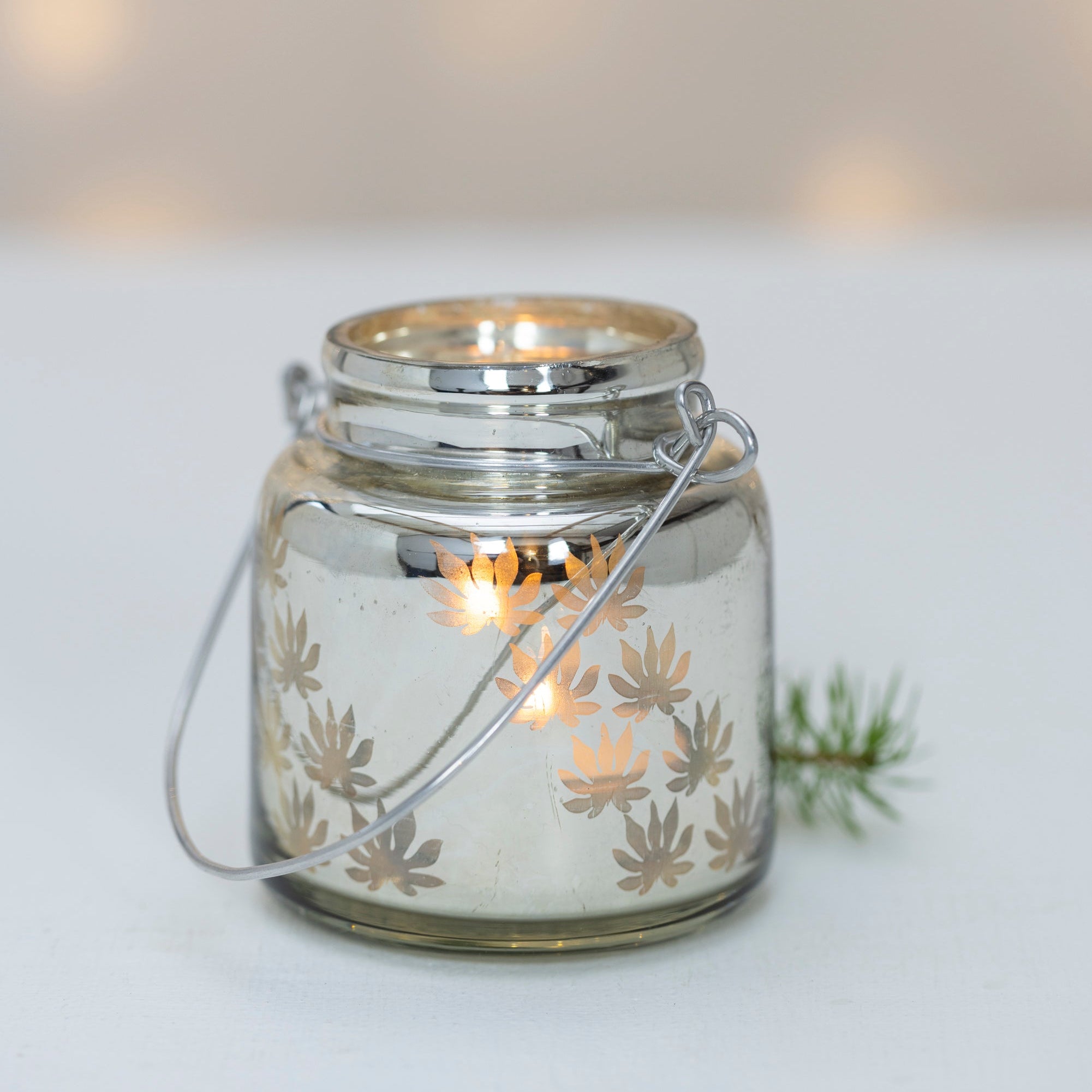 Antique Silver Etched T-Light Lantern