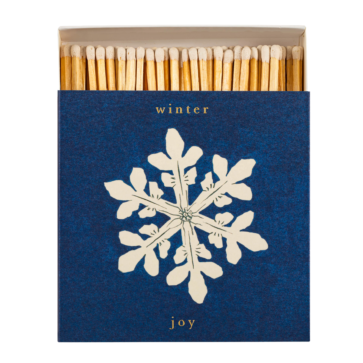 Box of matches with a navy background, white snowflake and the words winter joy