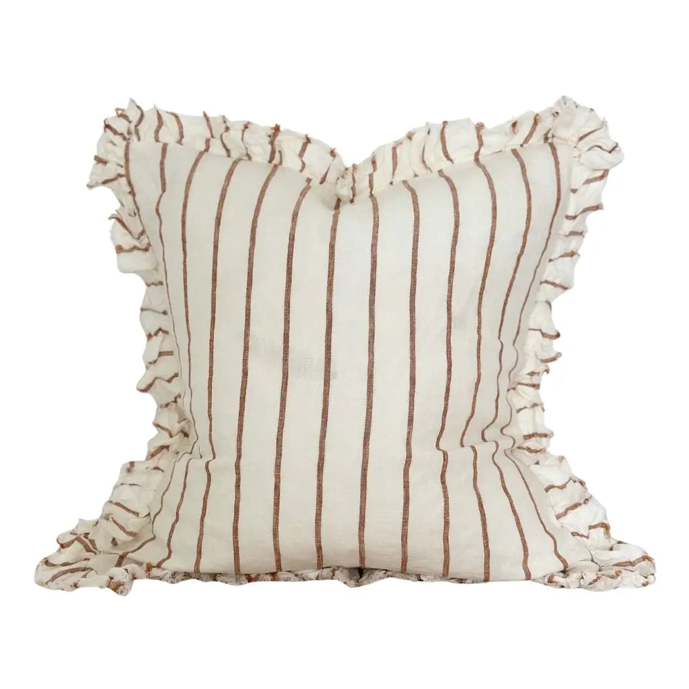 Hallie Ruffled Linen Cushion, Brown & Cream Stripe