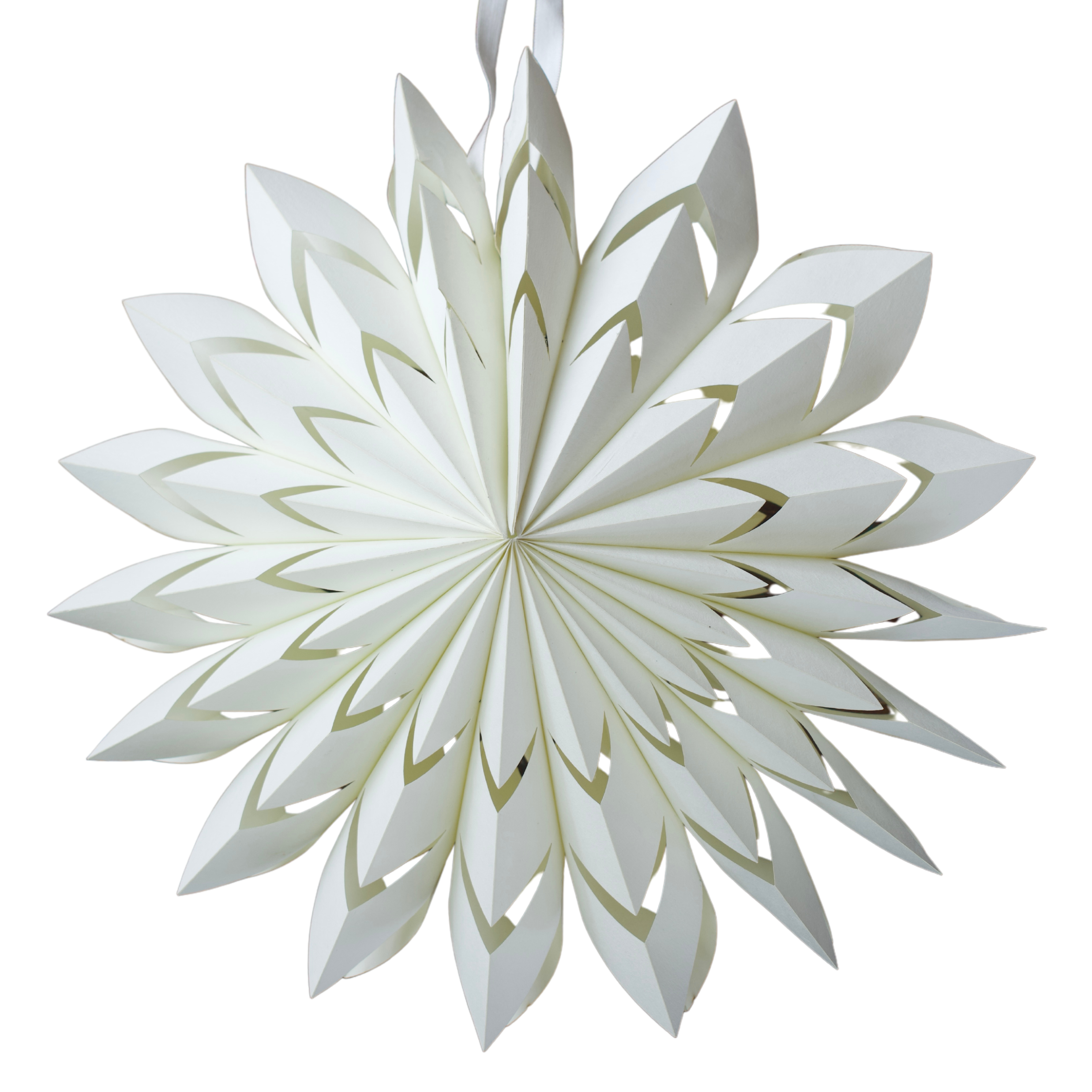 White paper star hanging ornament on a white background