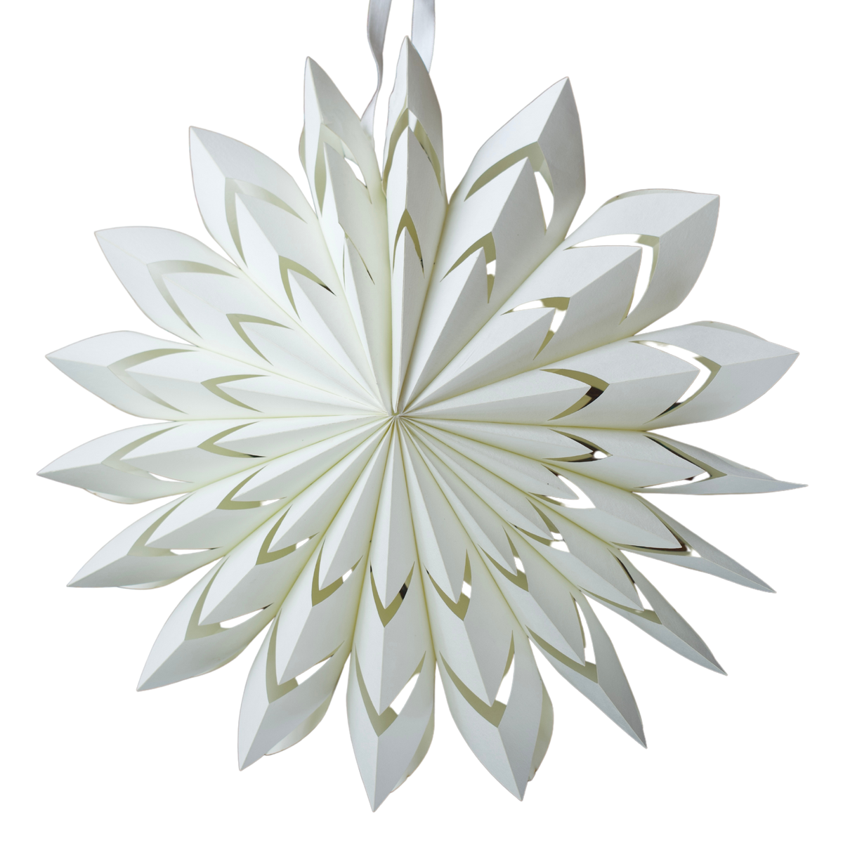 White paper star hanging ornament on a white background
