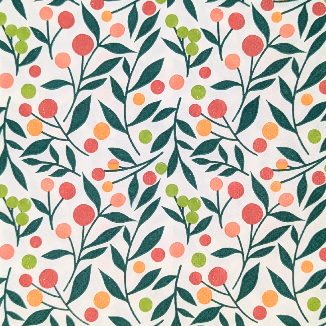 A repeating botanical pattern featuring dark green leaves and stems with scattered round berries in coral pink, orange, and light green on a white background.