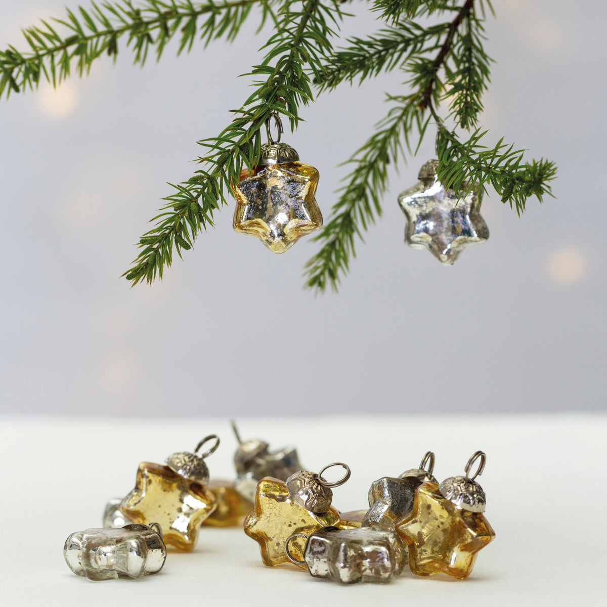 Star-shaped gold and silver Christmas ornaments on a branch with a soft focus background.