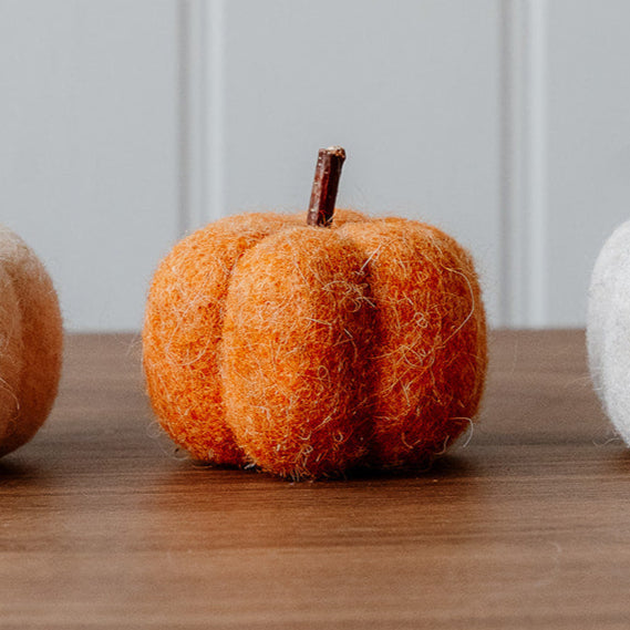 Orange decorative pumpkin on a wooden surface with a light grey wall background.