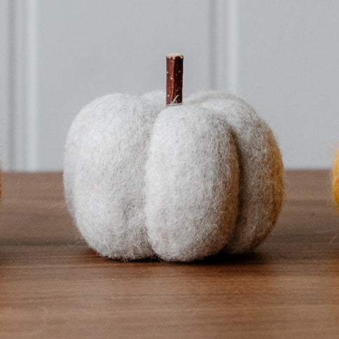 Grey decorative pumpkin on a wooden surface with a light grey wall background.
