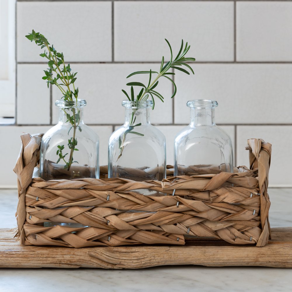 Straw Basket with Glass Bottles