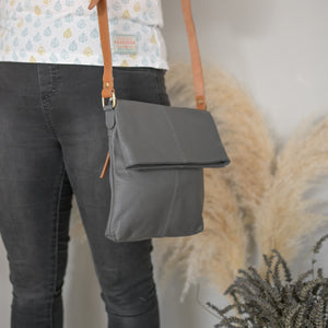 Leather Fold Over Bag, Charcoal